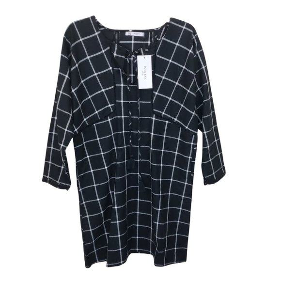 NWT Christy & Co Black/White Plaid Dolman Sleeve Pocketed Cutout Seam Midi Dress - Picture 2 of 16